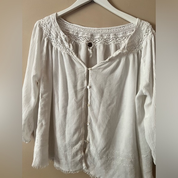 FP one lace trim eyelet frayed distressed gauze sheer button blouse xs/s boho - Picture 8 of 11